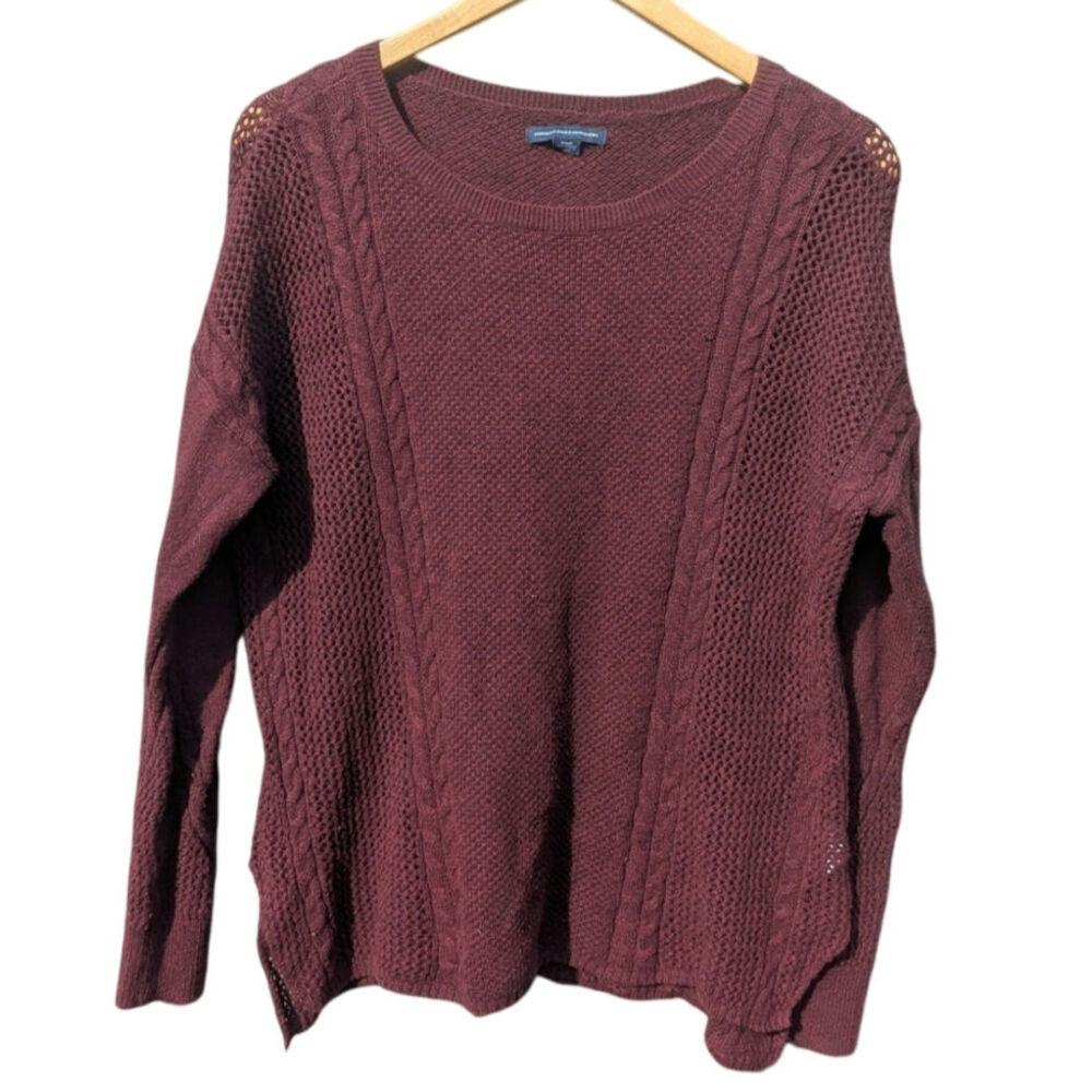 American Eagle Wool Blend Knit Sweater Women's M Cozy Fall Red Merlot Crew Neck